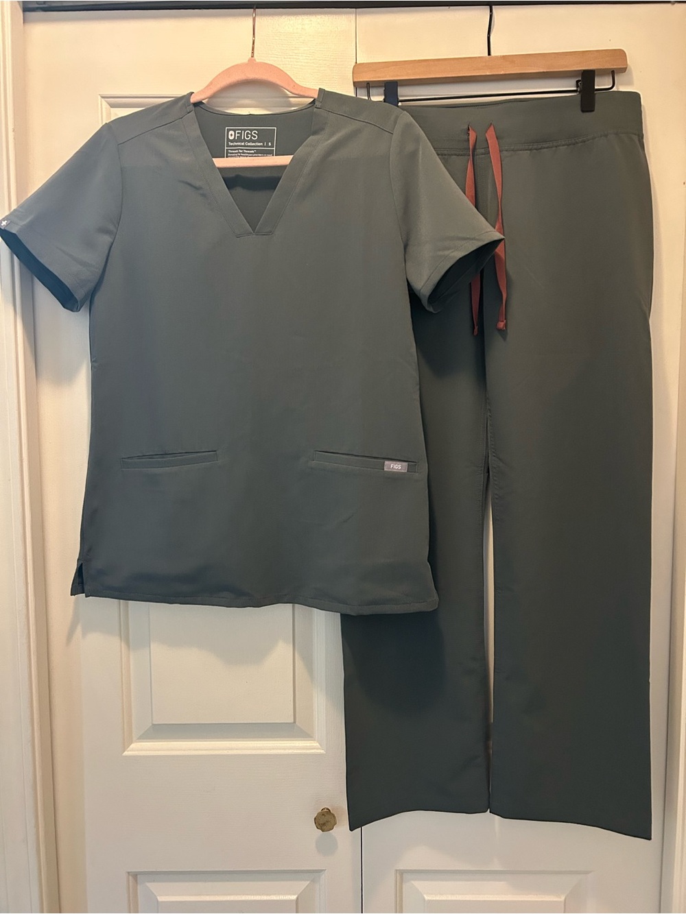 Figs Olive Green Scrub Top & Pants Set with Rust Drawstrings